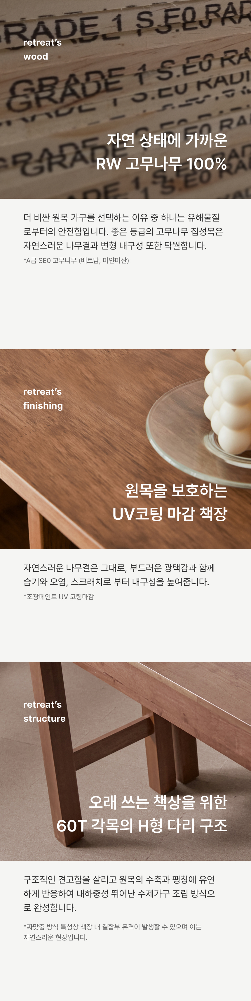  리트릿RW 원목 책상 체크포인트_수종_마감_구조 